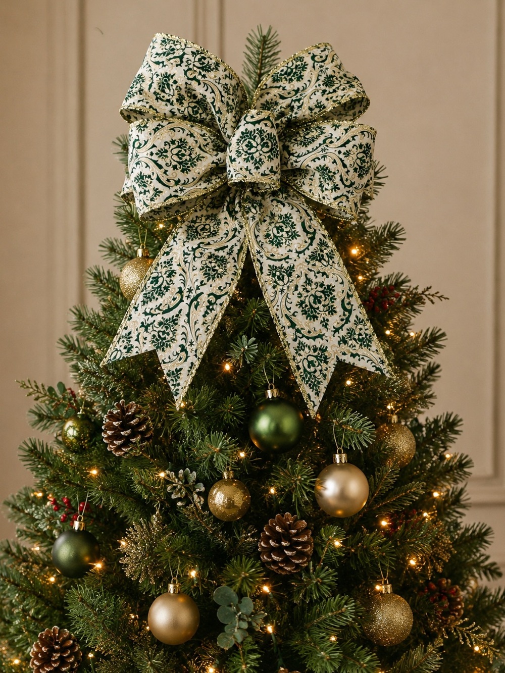 damask/French country-style toile bows Christmas tree topper 4 total NEW NWT